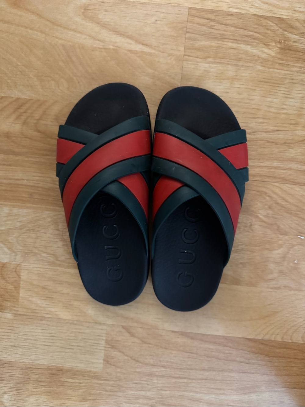 Gucci Black Slides with Red and Green Crisscross Straps